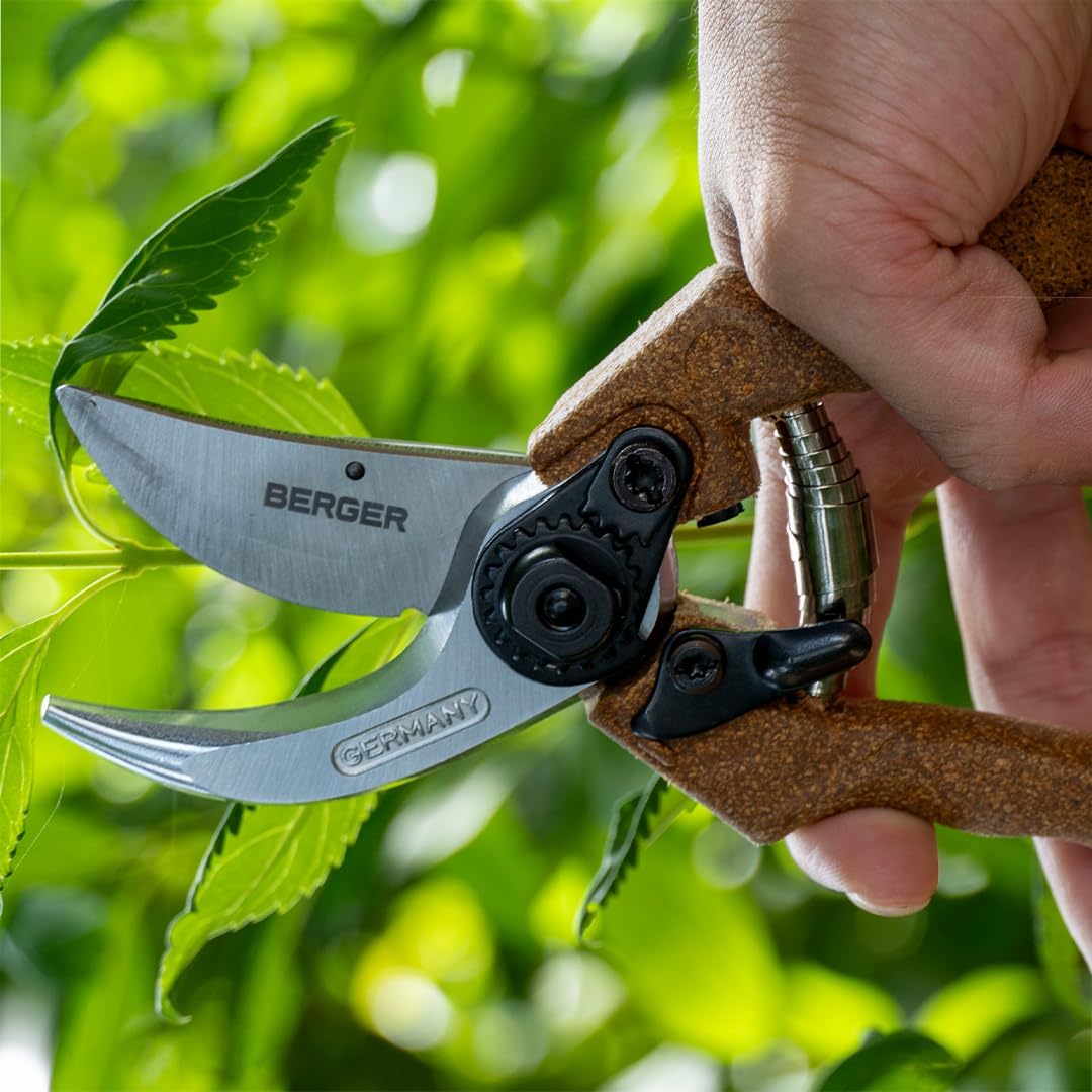 BERGER Pruning Shears – Professional 11" Garden Hand Pruners with Forged Steel Body, Self-Sharpening Blades, Recycled Cork Grip Handle, Gardening Clippers – C1200