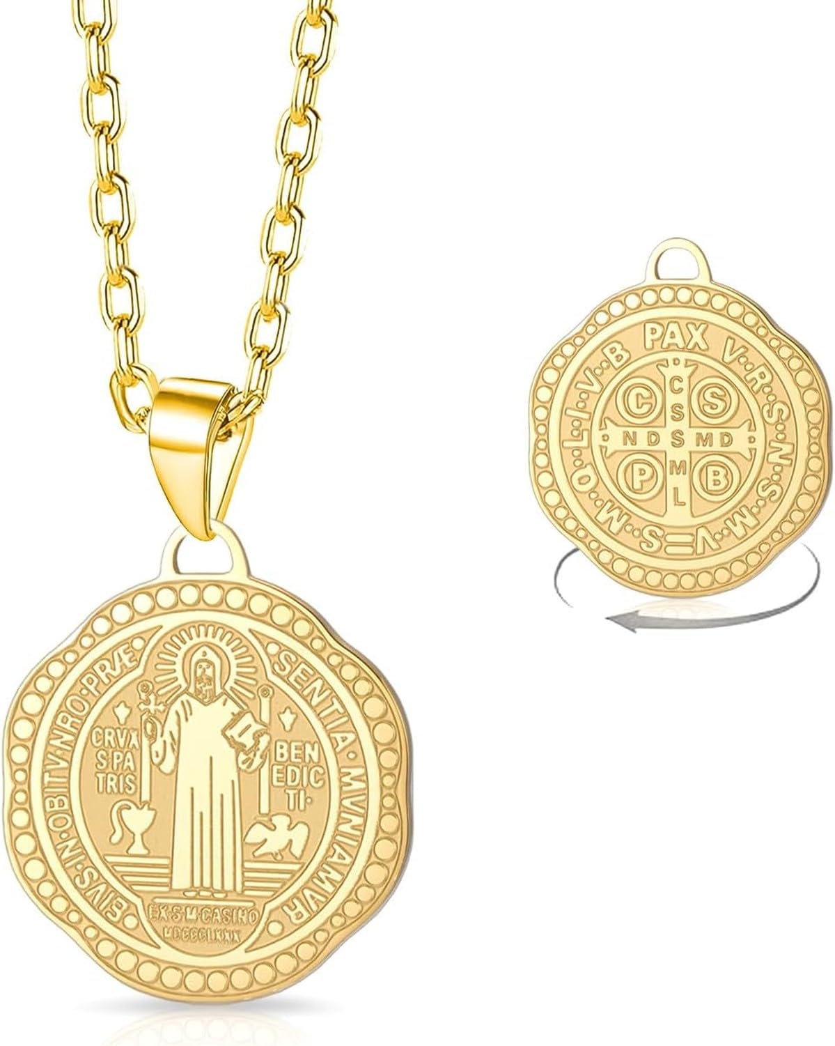 Wuufake Stainless Steel Saint Benedict Medal Necklace with Christian Cross Exorcism Pendant Protection Amulet Religion Bible Verse Jewelry for Women Men, Gold