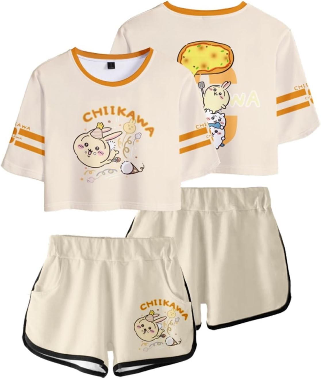 ISaikoy 2 Piece Outfits Anime Chiikawa Short Sleeve Crop Top and Short Pants Sets Hachiware T-Shirt