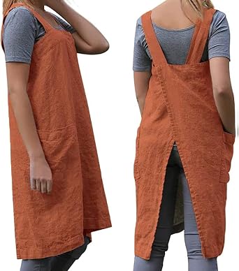 WROLEM Women's Cross Back Pinafore Apron with Large Pockets Home Kitchen, Restaurant, Coffee house,Cooking Gardening Works
