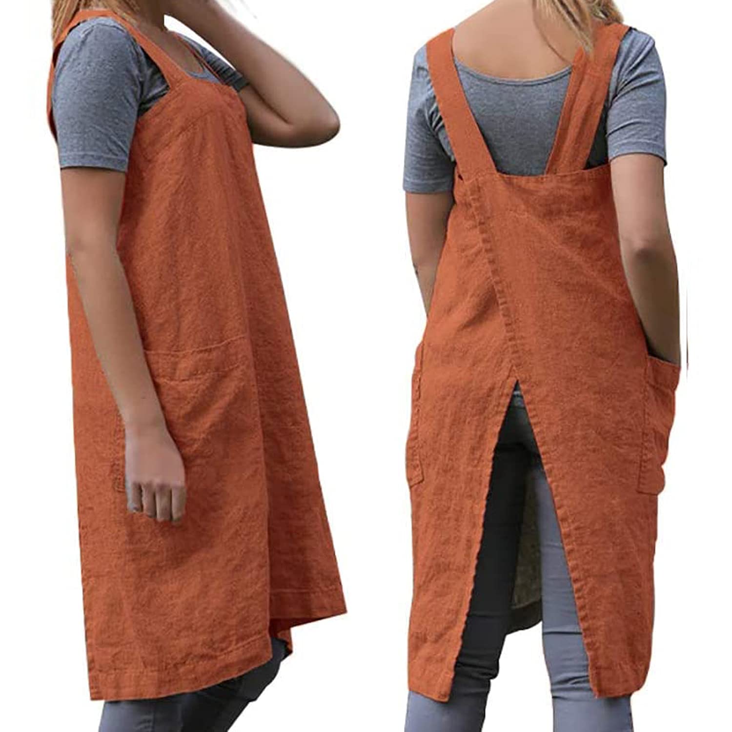 Women's Practical Cross Back Pinafore Apron with Large Pockets Home Kitchen,Restaurant,Coffee house,Cooking Gardening Works, Orange, Large โ image 1