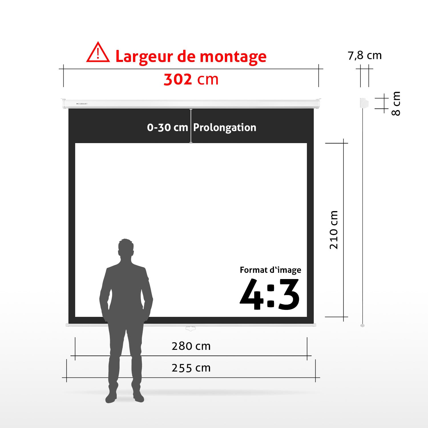 ESMART Professionnel MIROLO Écran Manuel 302cm (280x210cm 4:3) Tissu: Blanc