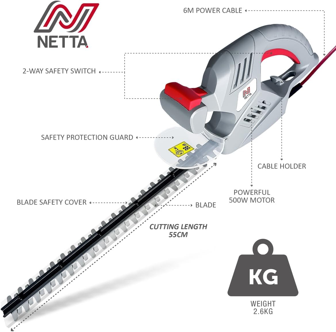 500W Corded Hedge Trimmer & Electric Hedge Cutter - 50cm Diamond Blade, 16mm… thumbnail 8