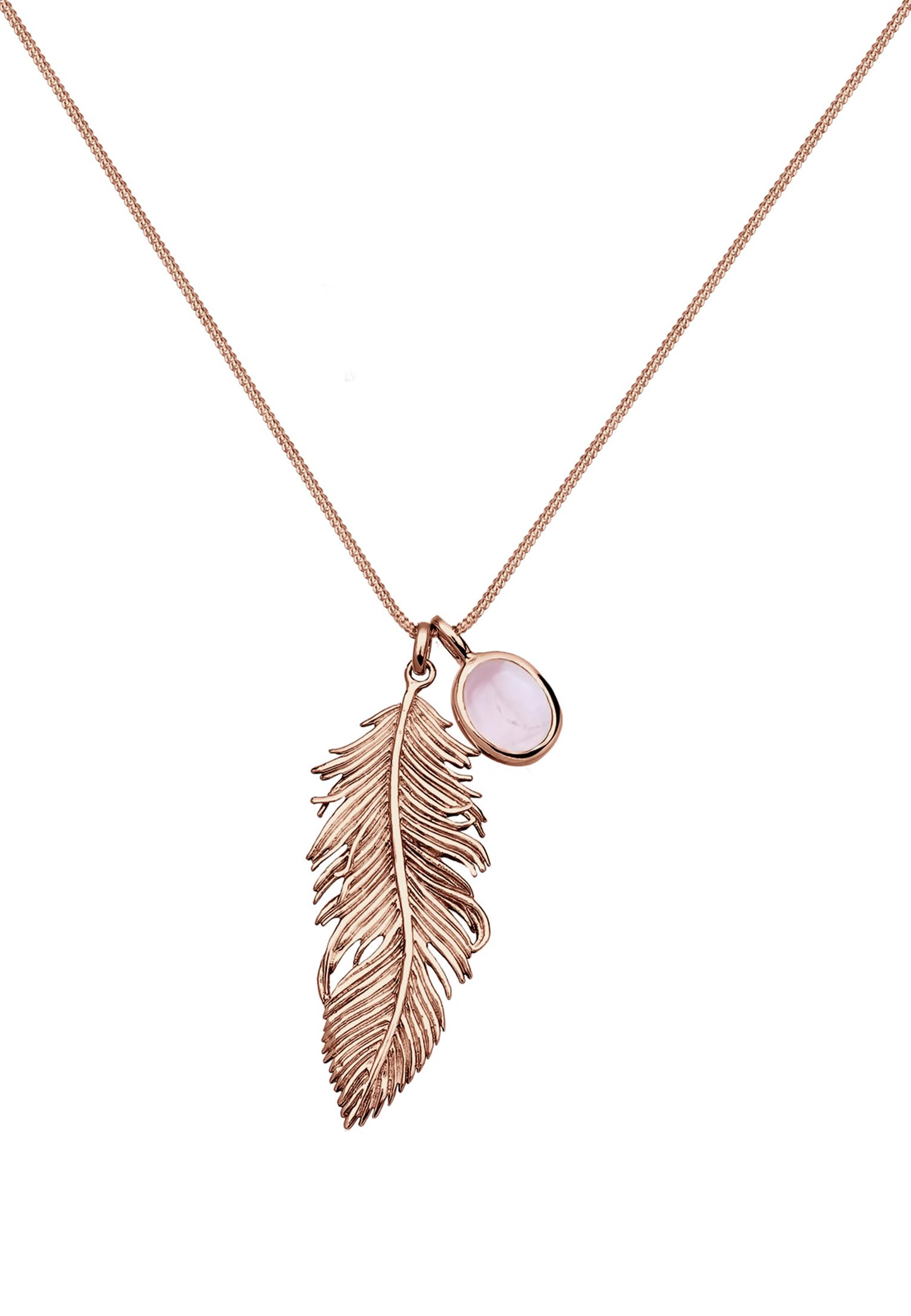Elli Halskette Silber 925 Rosé 18K Vergoldet Feder Anhänger Kette Damen | Rosenquarz Schmuck Geschenke für Frauen Mädchen Mama Freundin, Boho Festival Silberkette Länge 70 cm