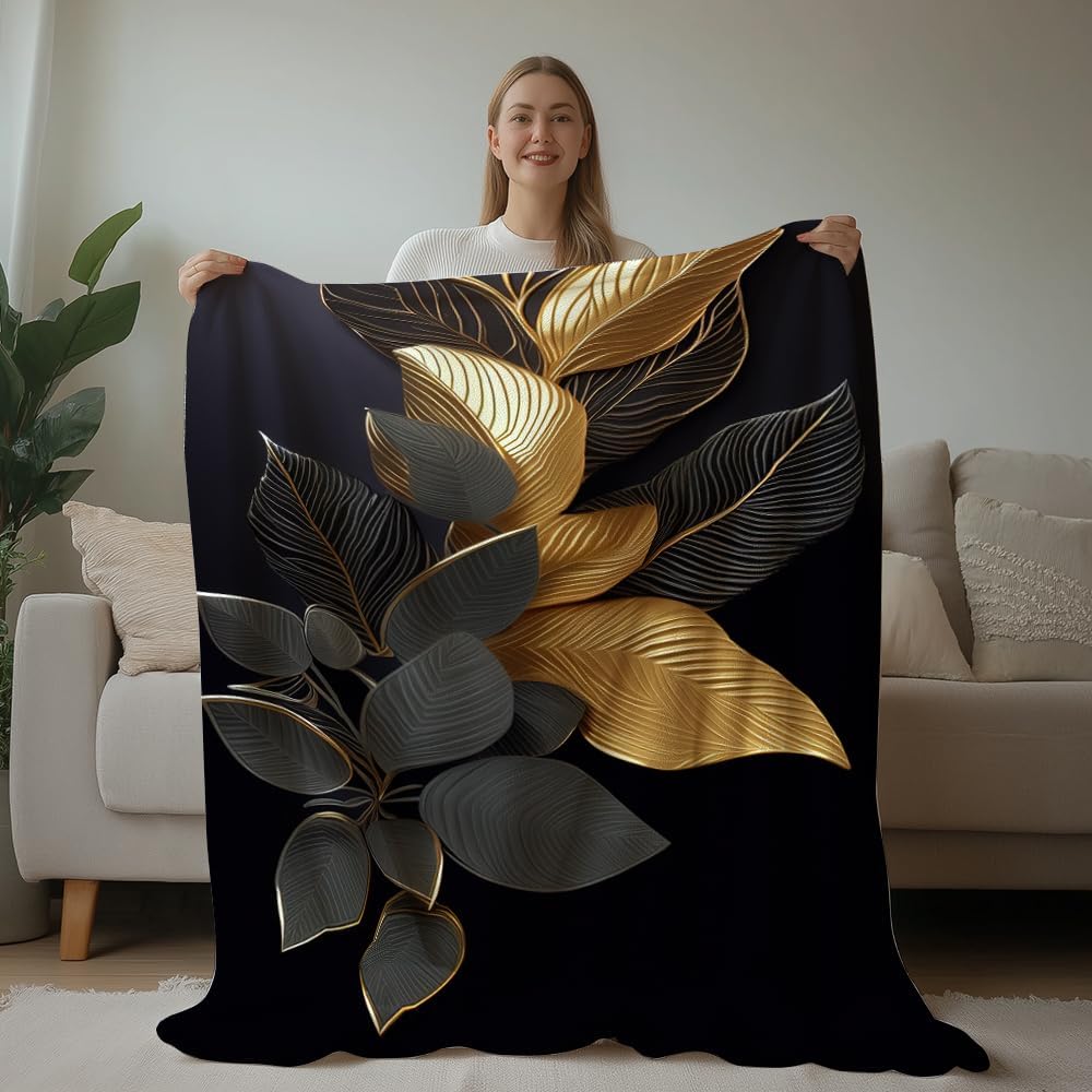 Black and Gold Throw Blanket Abstract Print Blanket Gold Leaves Throw Abstract Bedding Warm Soft Flannel for Adults Bed Sofa Couch (50 in x 60 in)
