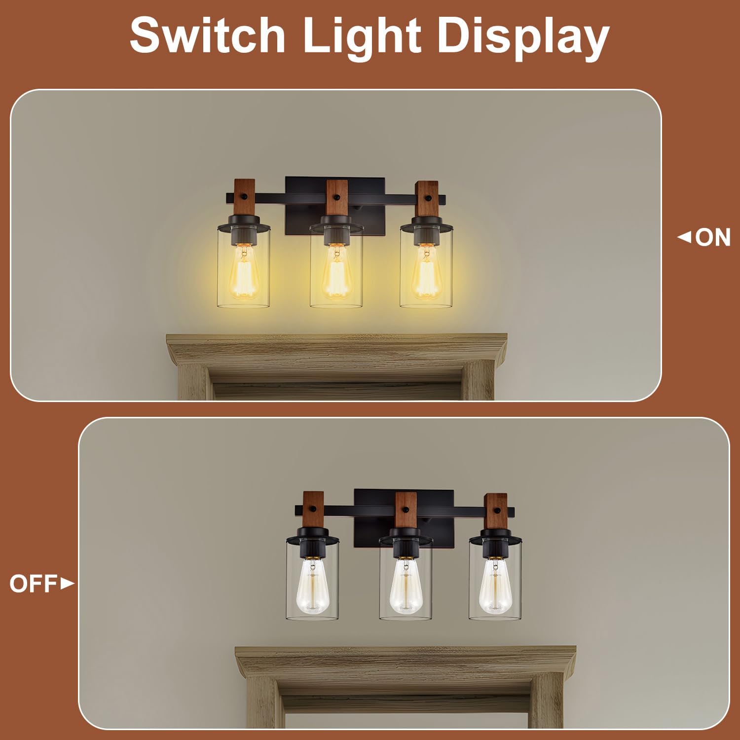 3-Light Bathroom Vanity Fixture, Farmhouse Rustic Light with Clear Glass Cylinder Shades, Matte Black Metal & Wood Wall Sconce, E26 Base for Bathroom Vanity, Mirror, Hallway