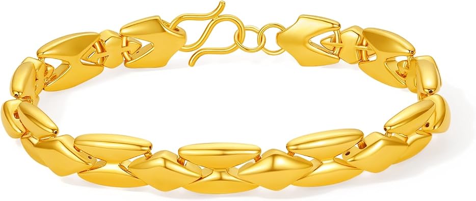 ZHOU LIU FU 24K Solid Gold Bracelets Simple Link Bracelet Real Gold Interlocking Geometric Chain Bracelets Dainty Jewelry for Women Mom Men Father Daughter Birthday Anniversary 7.9"/20CM A0715063