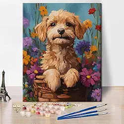 TUMOVO Kit de pintura por números para adultos – pintura adulta por número, adorável cachorro pequeno em cesta tecida, arte de retrato de animal de estimação, kit de pintura em tela DIY para