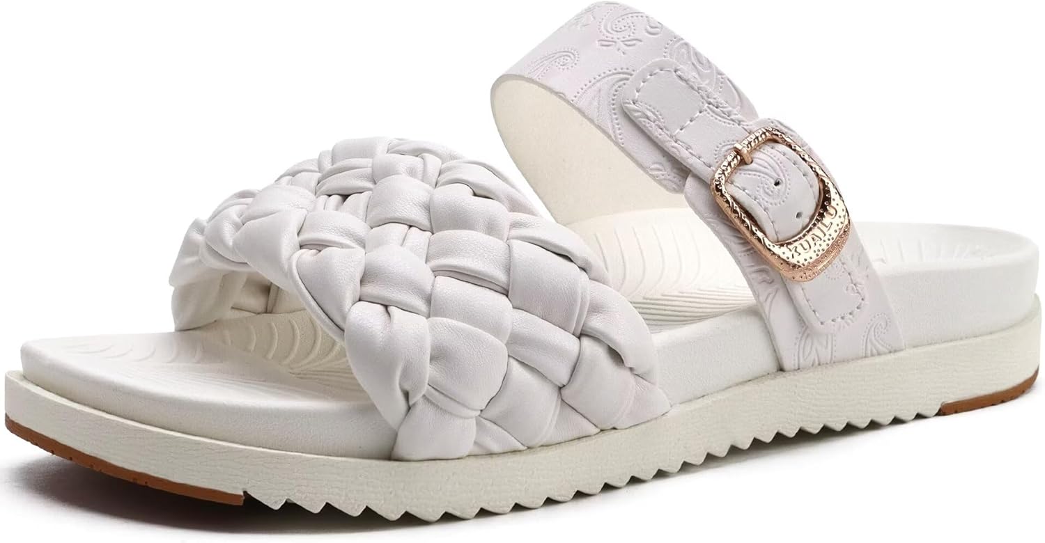 KuaiLu Womens Orthotic Sliders with Arch Support Comfortable Summer Sandals Lightweight Thick Yoga Mat Open Toe Cushion Slip On Casual Shoes Plantar Fasciitis Ladies Slippers(Womans Size3-9