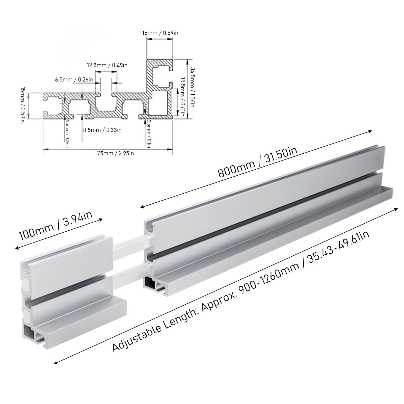 Generic T Track Miter Fence, Typ 75, Teleskopowa Składana Prowadnica 900-1260 Mm do Stołu Frezarskiego i Piły Stołowej, ze Stopu aluminium.