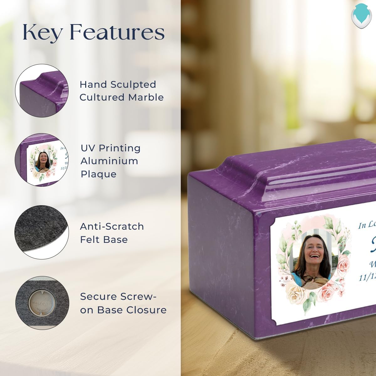 GetUrns – Legacy Cultured Marble Urn by Mackenzie, Adult Size Cremation Urns, Custom UV Printed Burial Urn for Ashes, 210 Cubic Inch Cemetery Urns for Ashes, Flower Photo Frame, Amethyst