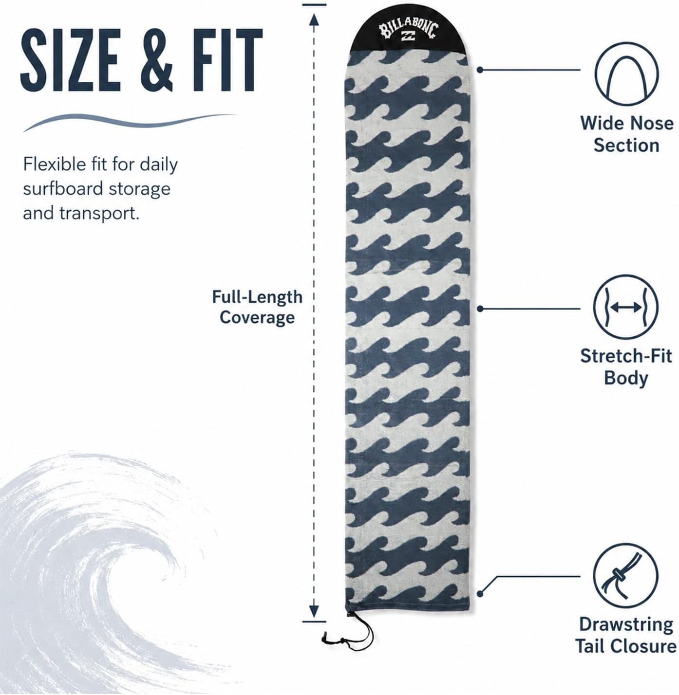 x Billabong Surfboard Sock Cover, Premium Jacquard Board Sock, UV Protection, Wax Containment, Reinforced Nose, Drawstring Closure, True-to-Size Shortboard Fit