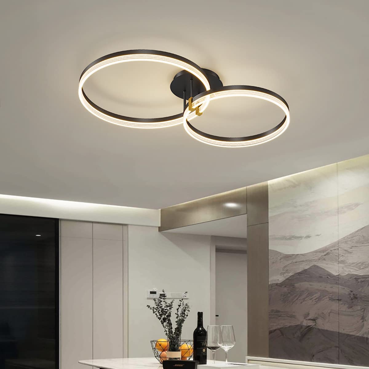 Bellastein Acrylic Ring Ceiling Light Modern LED Chandelier, with Remote Control Ceiling Light Dining Room Bedroom Lamp Living Room Kids Room Ceiling Lamp (Black, 2 Rings)