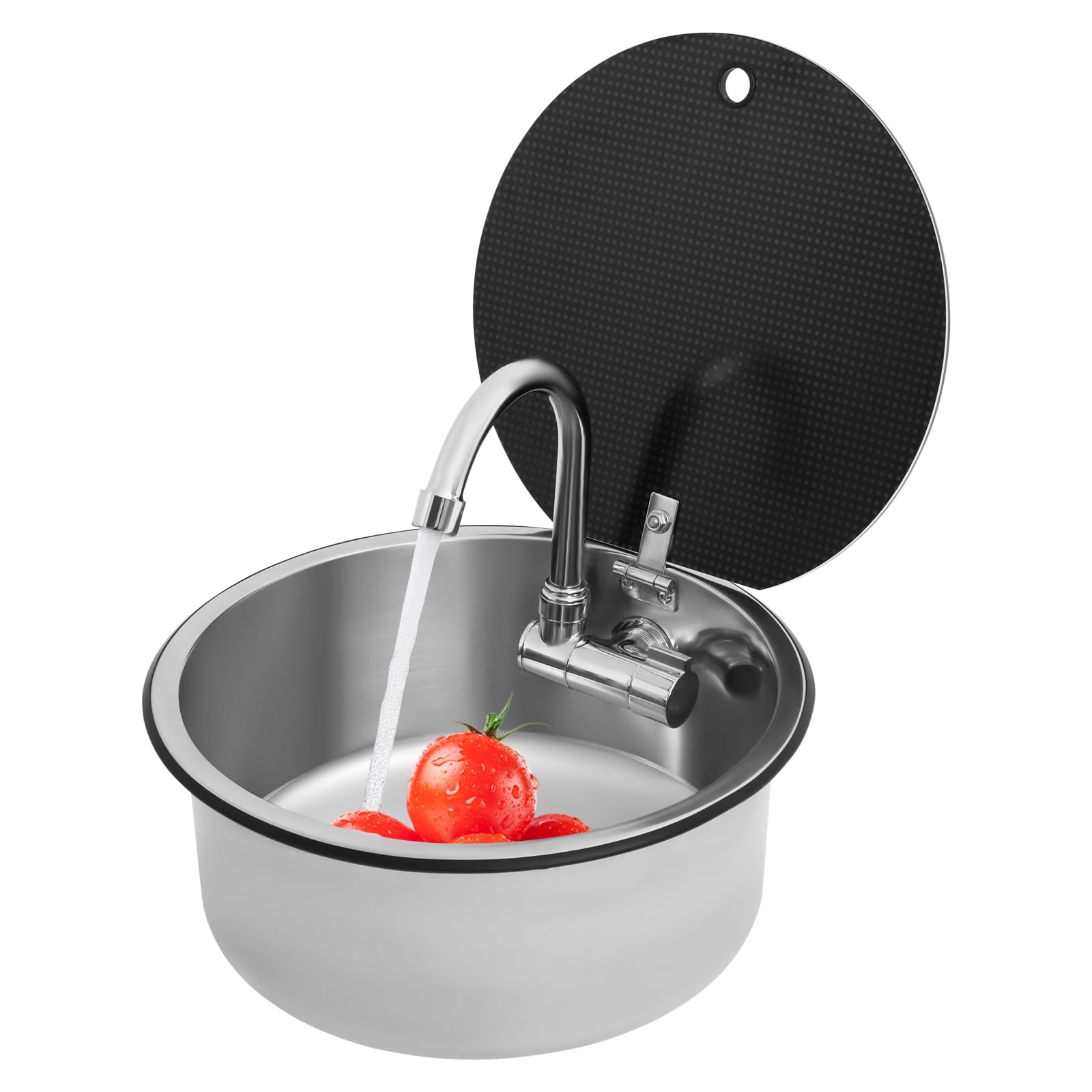 RV Kitchen Sink, Stainless Steel Caravan Sink Camper Boat Hand Wash Basin Sink with Folding Faucet, Circle Outdoor RV Sink Bar Drop-In Sink Washbasin, 0.024In Thickness, 13.39 * 5.91 Inch