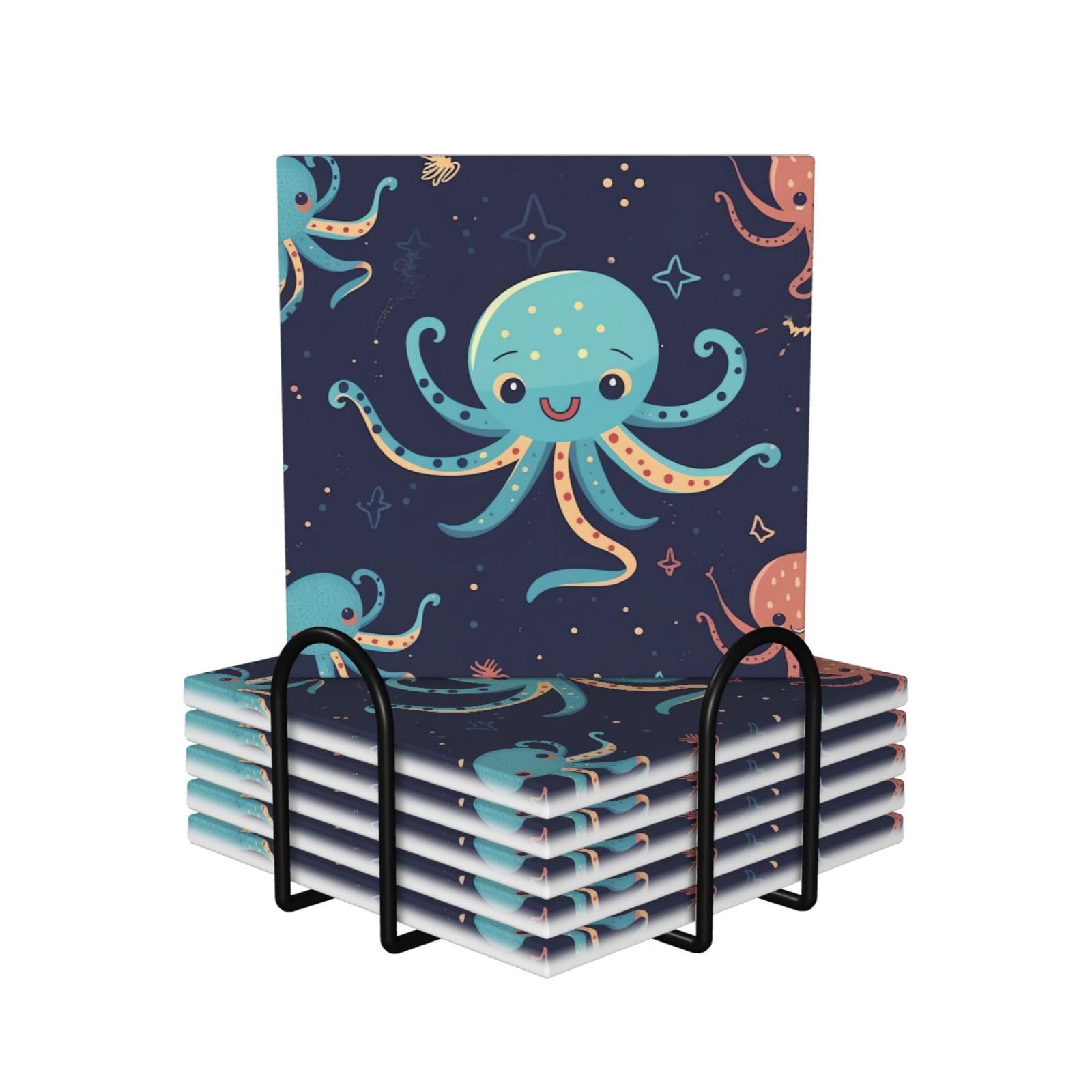 Ensemble de dessous de verre cadeau lot de 6 avec support pieuvre mignon
