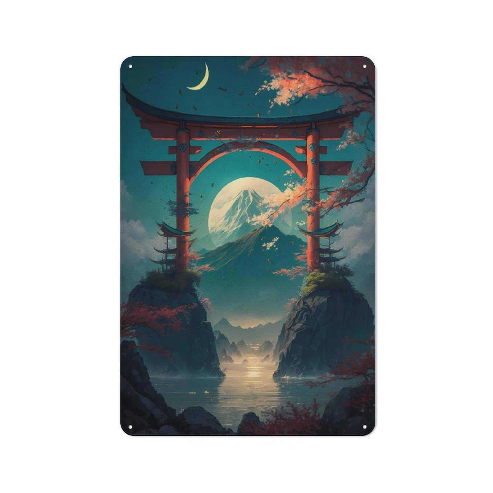 Torii Gate And Fuji Maunt Metal Wall Plaque 30x20cm, Everyday Small Space Decor for Flat, Dorm Room, Lounge Or Cafe