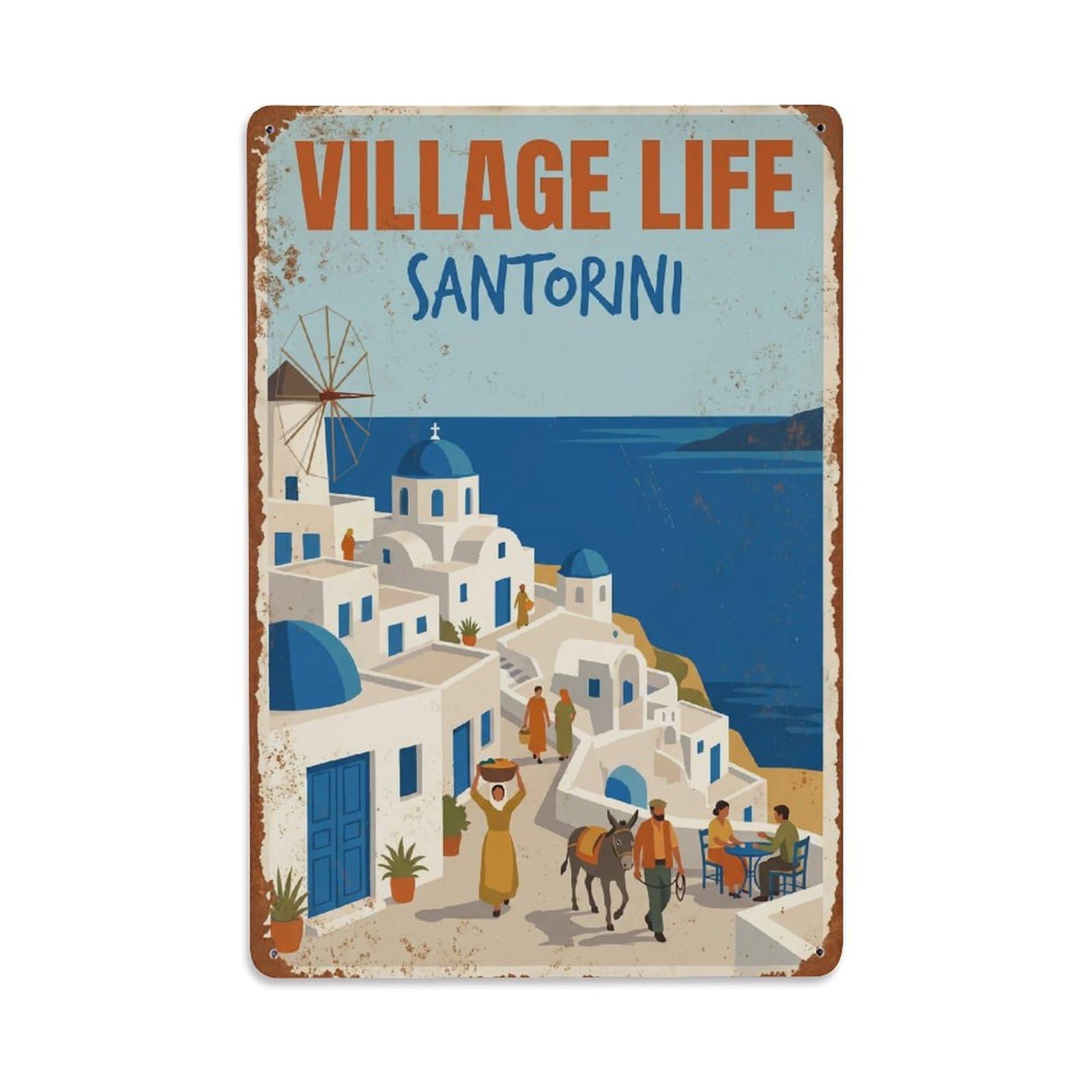 Gead 8X12inch Style Vintage Travel Santorini Village Life Metal Tin Sign