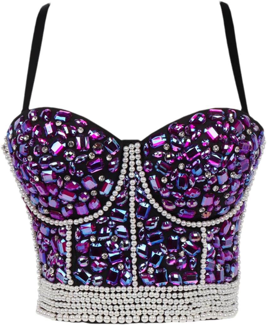 Adhdyuud Women Sexy Diamond Beading Party Push Up Bustier Y2k Corset Camis Club Crop Top Bra