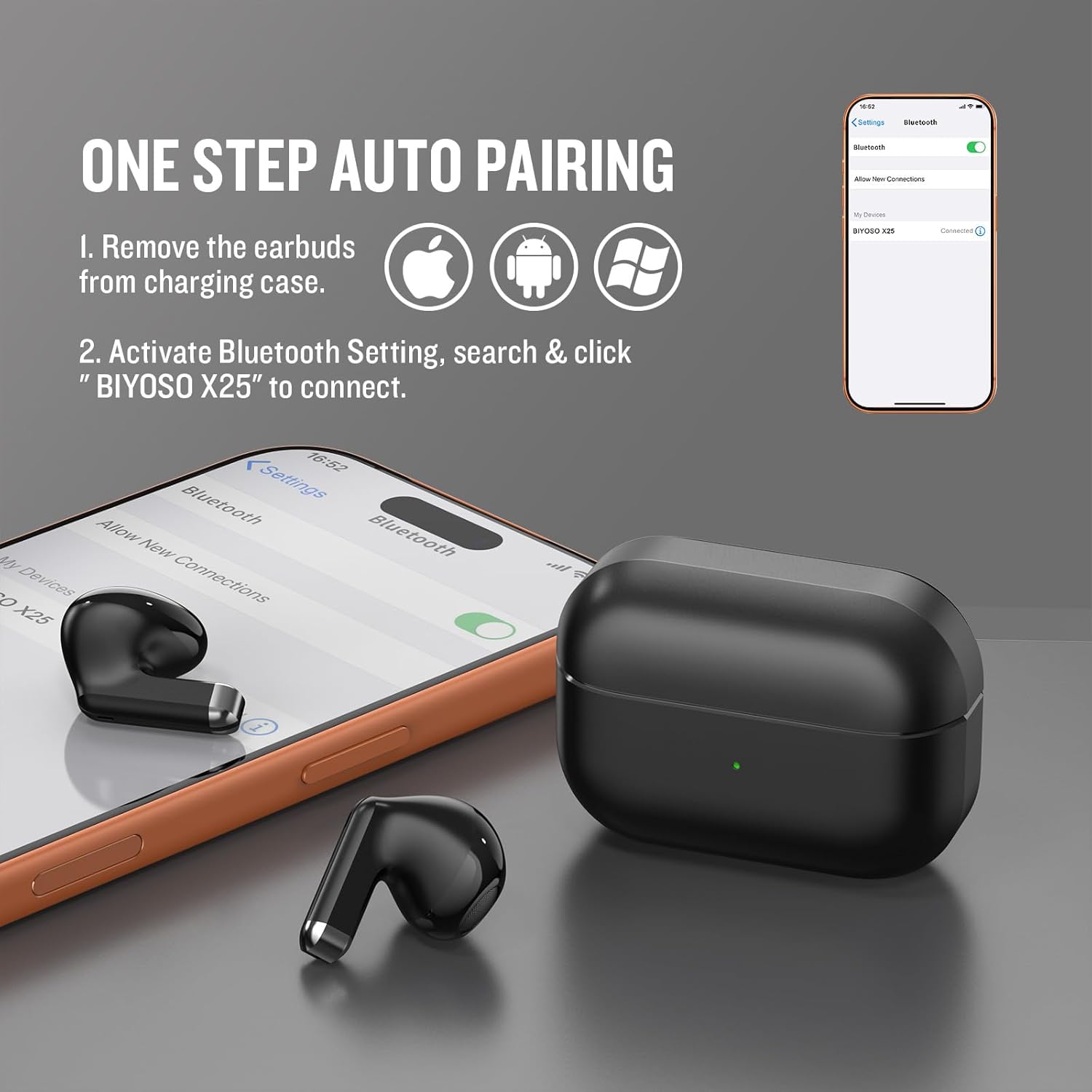 X25 Wireless Earbuds, Semi-in-Ear Headphones, Super Bass Sound Earphone, Bluetooth 5.3 with Microphone, Hands-Free Call, 50H Standby time, Auto Pairing for Apple AirPods - Image 3