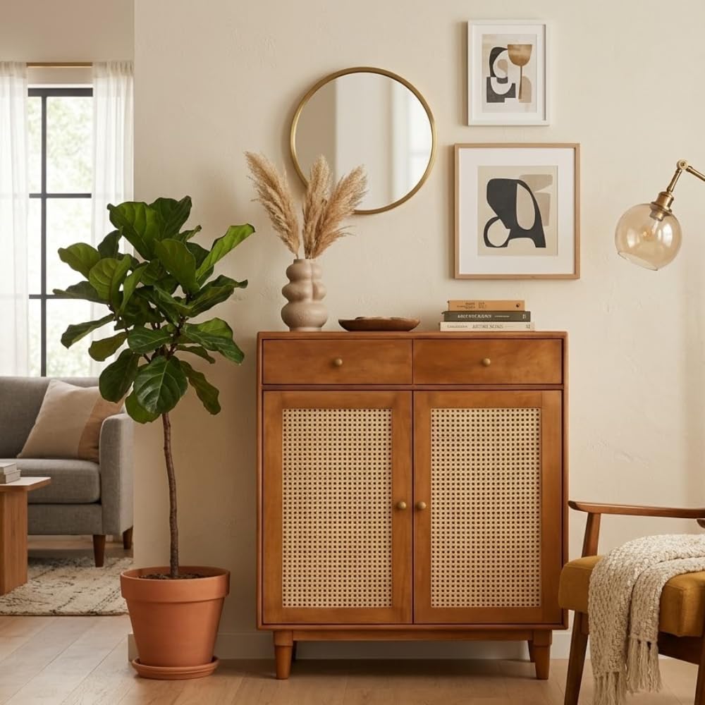 Solid Mango Wood Atlanta Sideboard Cabinet with Natural Cane Doors | 2 Door Wooden Storage Cabinet | Light Brown Finish | Multipurpose Buffet Cabinet for Living Room, Dining Room, Kitchen & Entryway-image-15