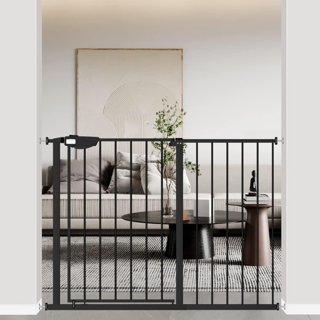 WAOWAO Triple Lock Baby Gate Extra Wide Pressure Mounted Walk Through Swing Auto Close Safety Black Metal Dog Pet Puppy Cat for Stairs,Doorways,Kitchen(Black, 44.48-48.42"/113-123cm) Black 44.48-48.42"/113-123cm