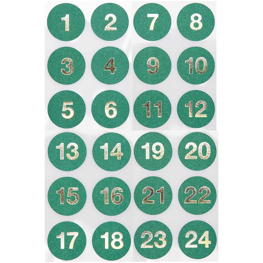 Crafty Capers Green - Gold Numbers Green | 24 Advent Calendar Stickers | Gold Foil Numbers | 3Cm Wide