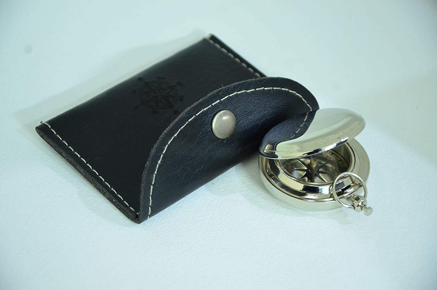 Handmade Brass Compass Push Button Chrome Compass with Black Leather Case for Camping, Hiking, Traveling-picture-16