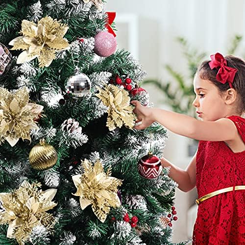 Toyvian Christmas Glitter Artificial Poinsettia Flowers, 12pcs Christmas Tree Flowers Ornaments, Xmas Party Decoration with 12pcs Stems and Clips  Gold 