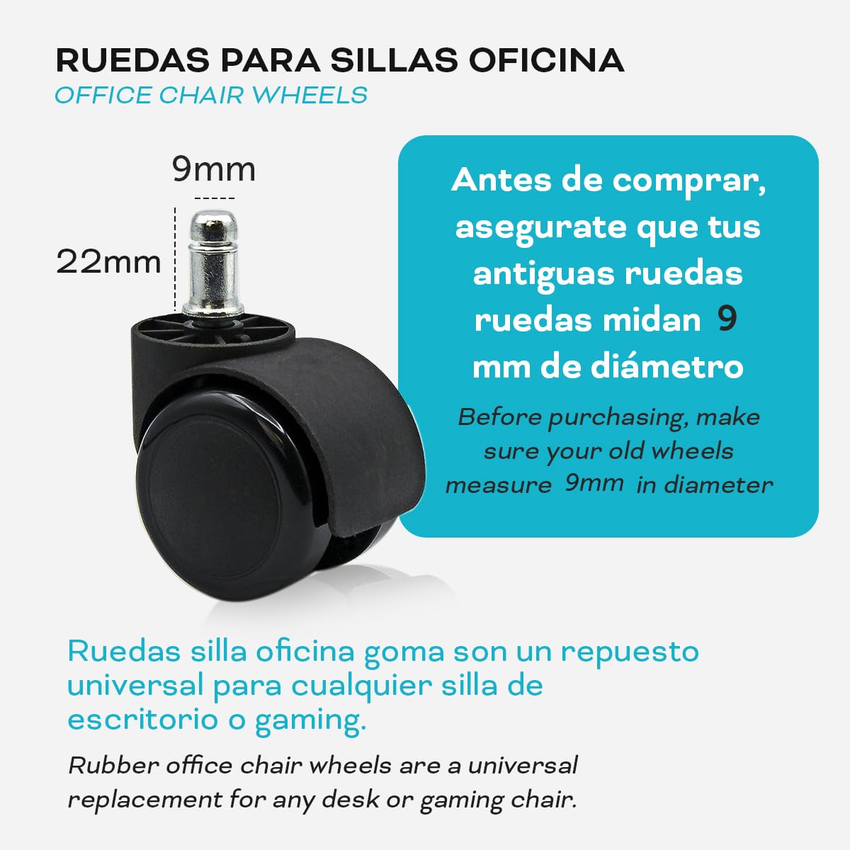 Ruedas para Sillas de Oficina, Pack de 50 Ruedas de Goma para Silla Escritorio, Silla Gaming, Ruedas Silla Oficina, Ruedas Giratorias 11x22 mm Resistentes y Sin Arañazos - Ofituria (50 ruedas)
