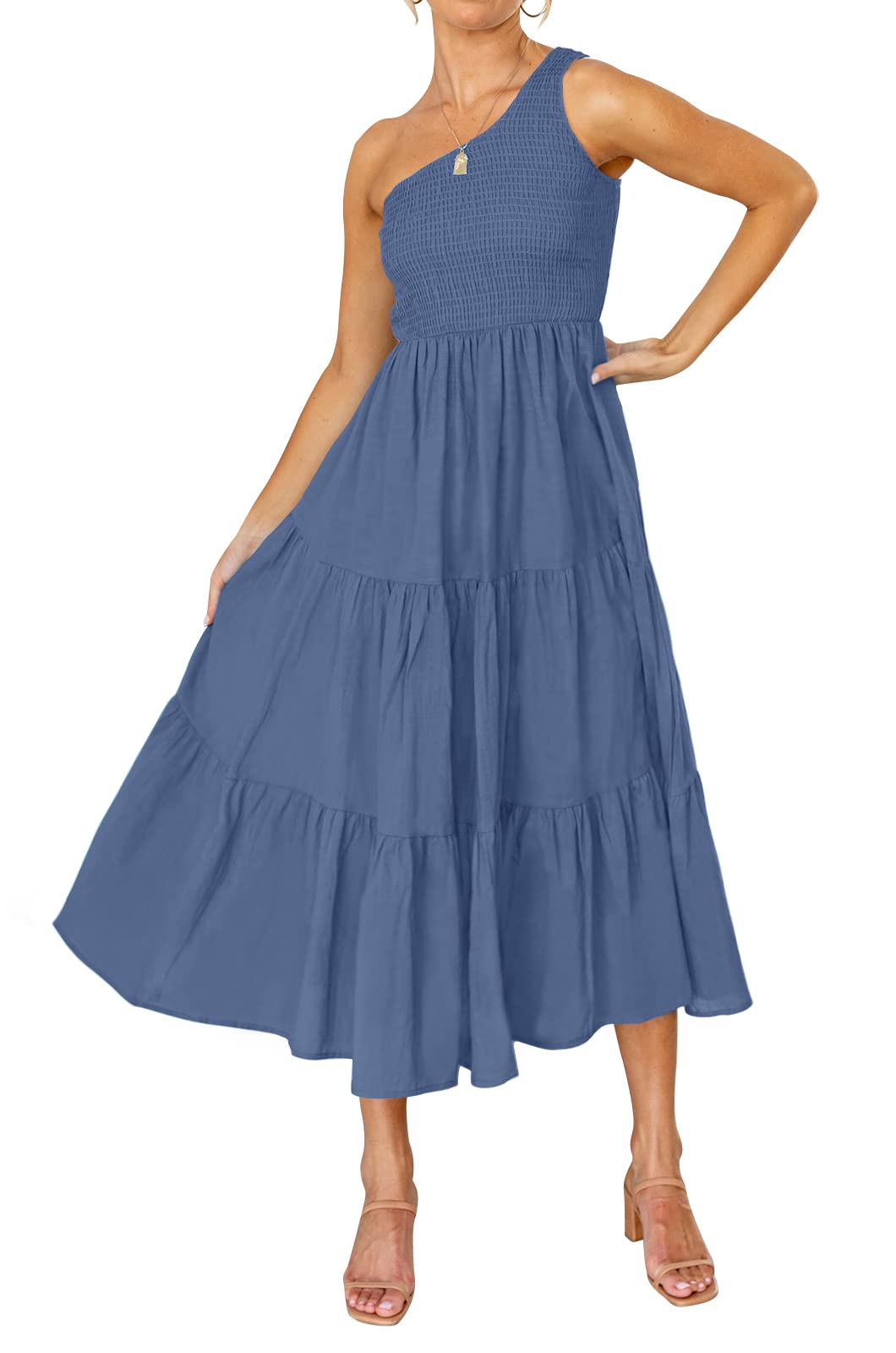 ZESICA Womens Summer Floral One Shoulder Midi Dresses | Sleeveless Long Dress, Ruffle Tiered, Fashion Smocked Dress, Boho, Smocked Bodice, Flowy A Line Dress, Beach Vacation Dress