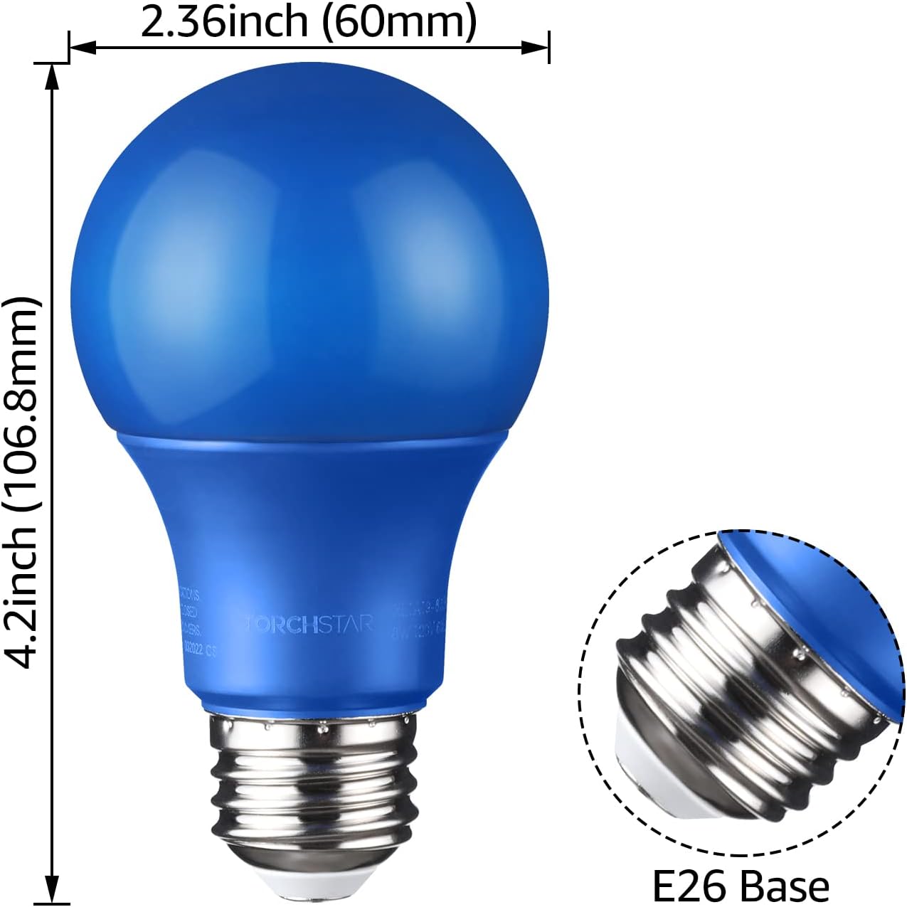 TORCHSTAR LED A19 Blue Light Bulbs, E26 Base Light 8W 120V Colored Light Bulbs for Indoor Outdoor Light Fixtures, Halloween Decor, Floor Lamp, Living Room, Party Decoration, UL Listed, Pack of 6