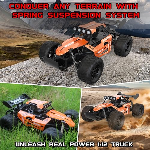 1:12 Scale RC Car for Boys Ages 3+, Fast Remote Control Monster Truck 2WD 25km/h Off-Road Toy, Alloy Shell, LED Lights, Great Gift for Kids & Beginners, 30 Minutes Play Time