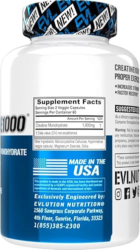 Miniatura 3 de Evlution Nutrition Creatine1000 004oz de monohidrato de creatina pura en cada porción cápsulas vegetales 60 porciones