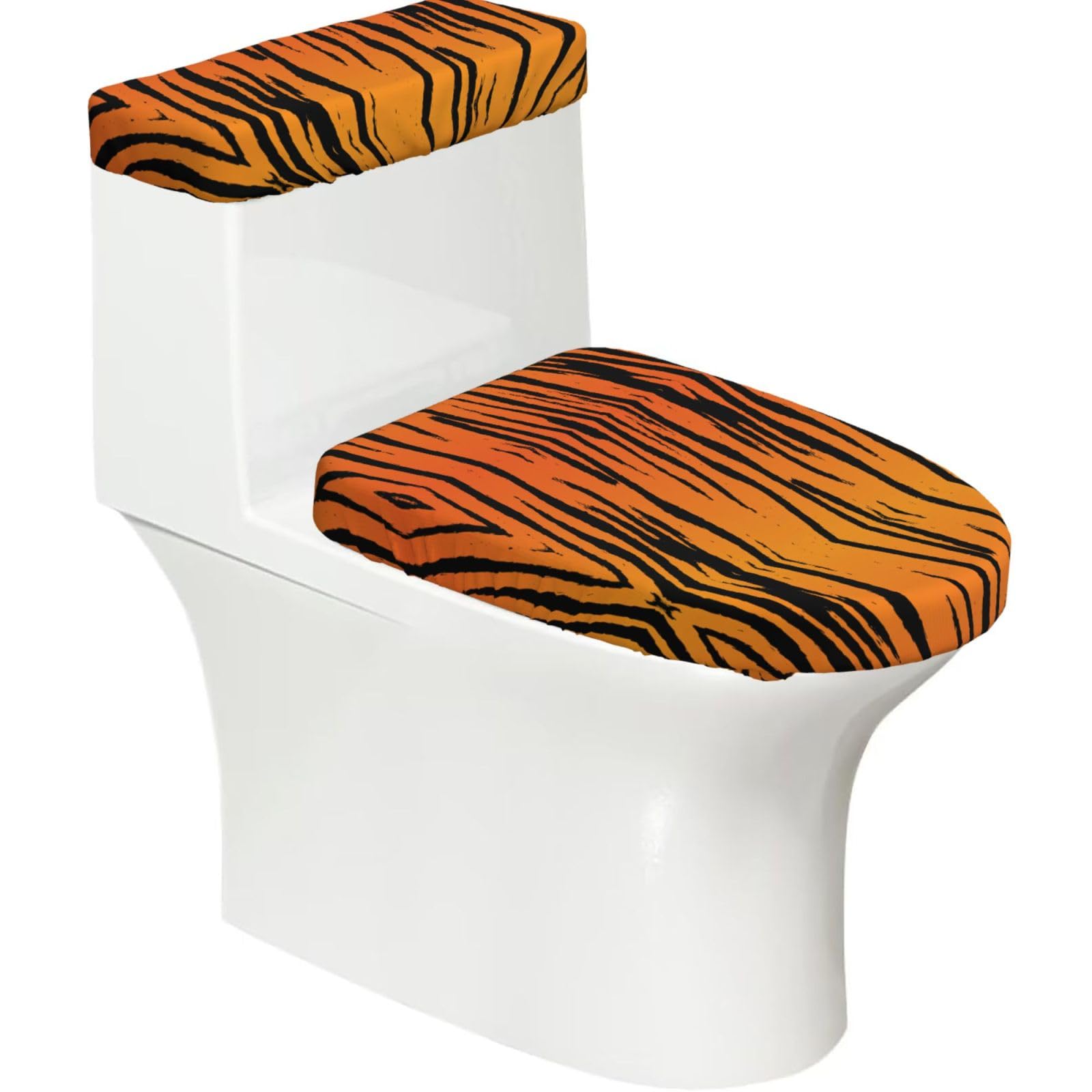 Tiger Stripe Printed Toilet Tank and Lid Cover Set of 2 for Most Bathrooms, Fits Elongated Round Toilets
