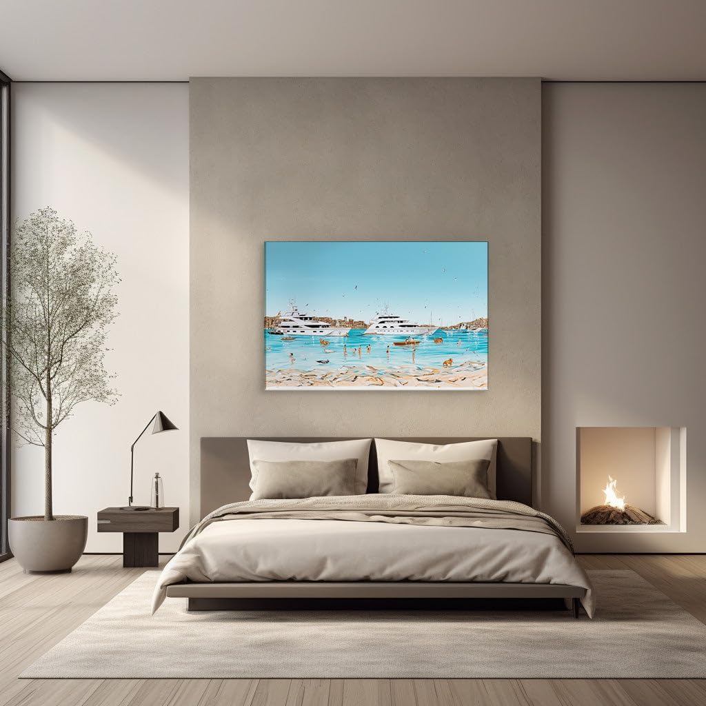 Canvas for Living room. Coastal Bliss Unleashed: Where Cerulean Waves Meet Leisure and Play, 27 x 18 inch Canvas Wall Art - Tranquility - Modern Home Decor