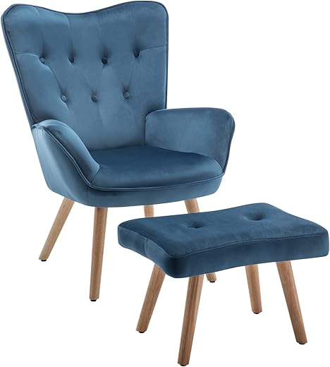 HollyHOME Sessel mit Hocker Wohnzimmerstuhl Relaxsessel, Polsterstuhl Samtstoff Akzent Stuhl mit Fußschemel Loungestuhl, Lesestuhl für Erholungzimmer, Blau
