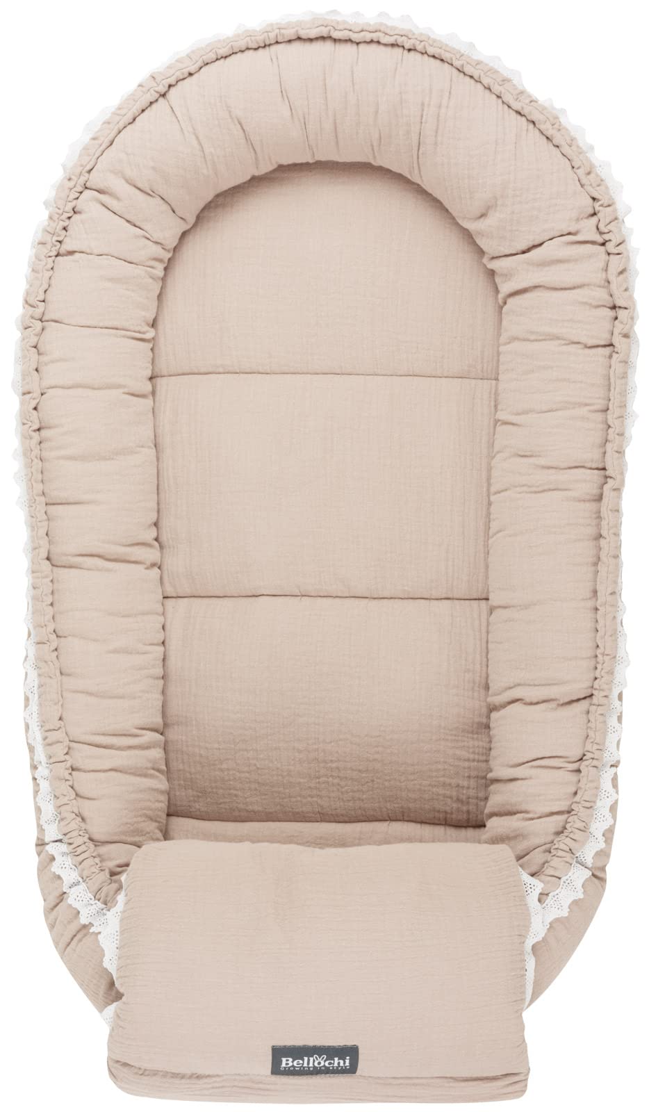 Bellochi Reducteur de Lit Bebe avec Coussin d'allaitement, Cale Bebe pour Lit, Cocon Bebe – Mousseline - 0-12 Mois - Nid de Bebe, Baby Nest - 90x60 cm - Cuddly Muslin Beige