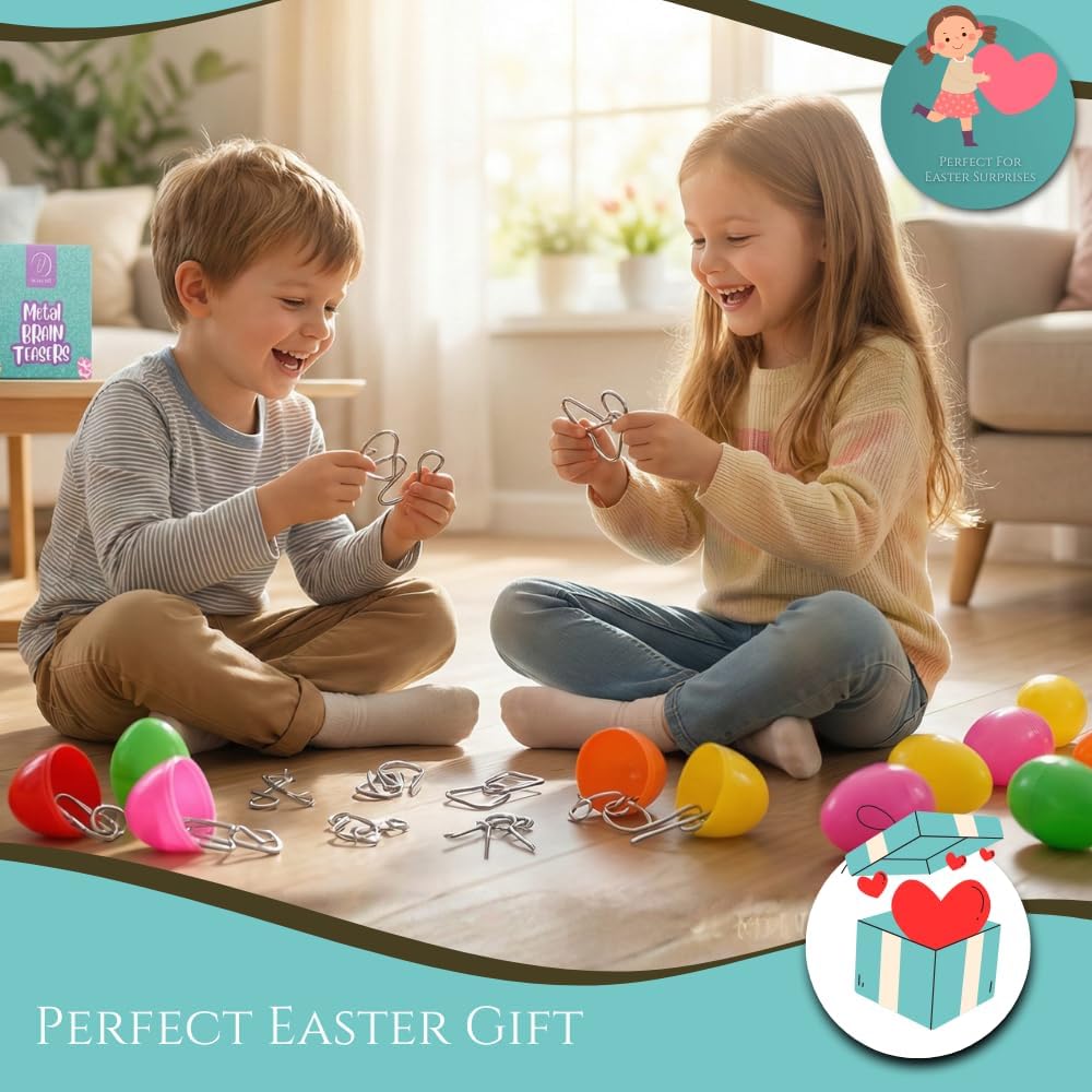 24 Pack Easter Basket Stuffers with Metal Brain Teaser Puzzles – Prefilled Eggs with Mini Logic Toys & Instruction Cards, Classroom Gifts, Egg Hunt Prizes, Easter Party Favors for Kids Boys & Girls
