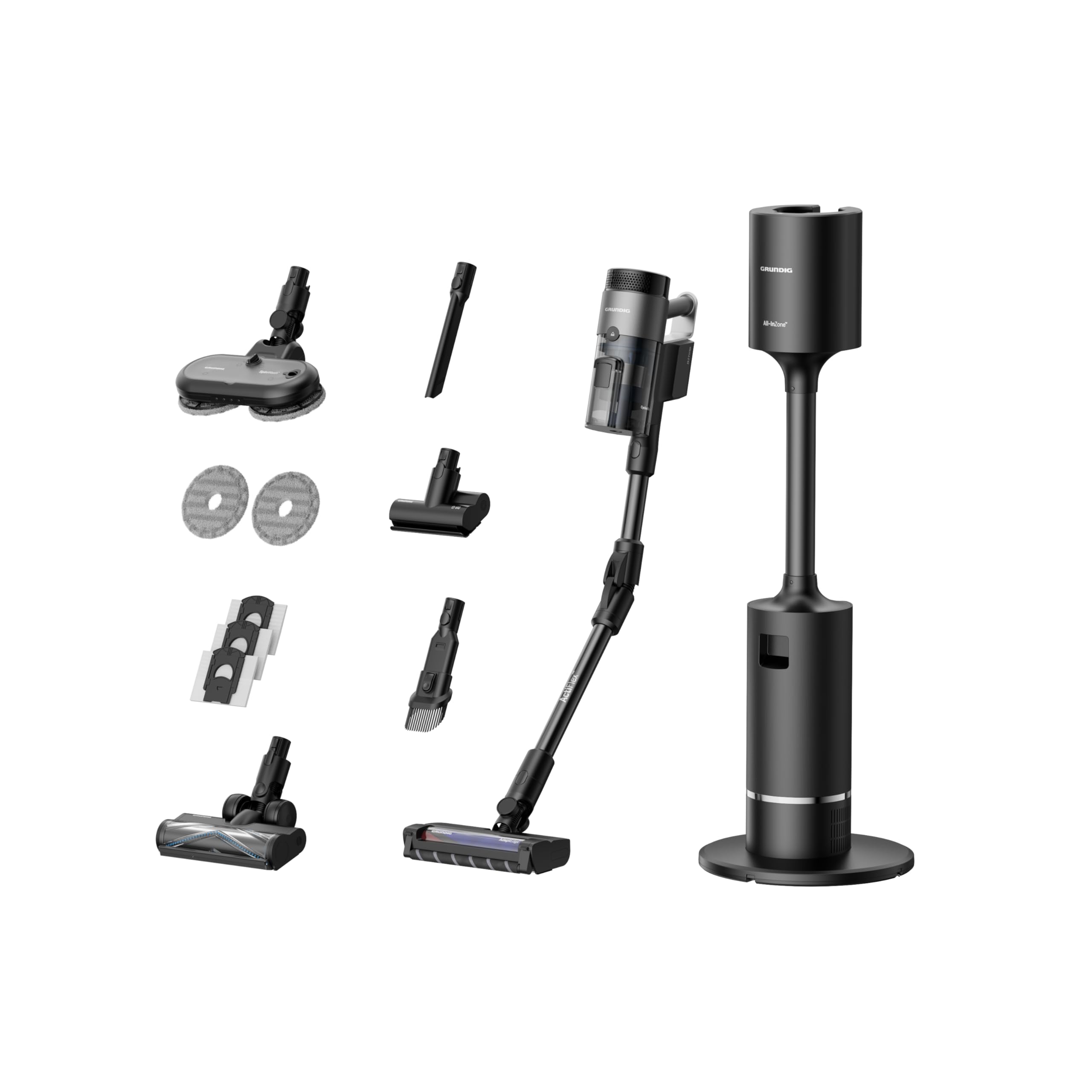 GRUNDIG VCP 9431 Pro 2-in-1-Akkusauger, HyperClean, CyclonStorm-Technologie, knickbares Rohr, 3 Saugkraftstufen, 450 W Motor, 500 ml Staubbehälter, bis zu 60 Minuten Laufzeit, Silber-Schwarz