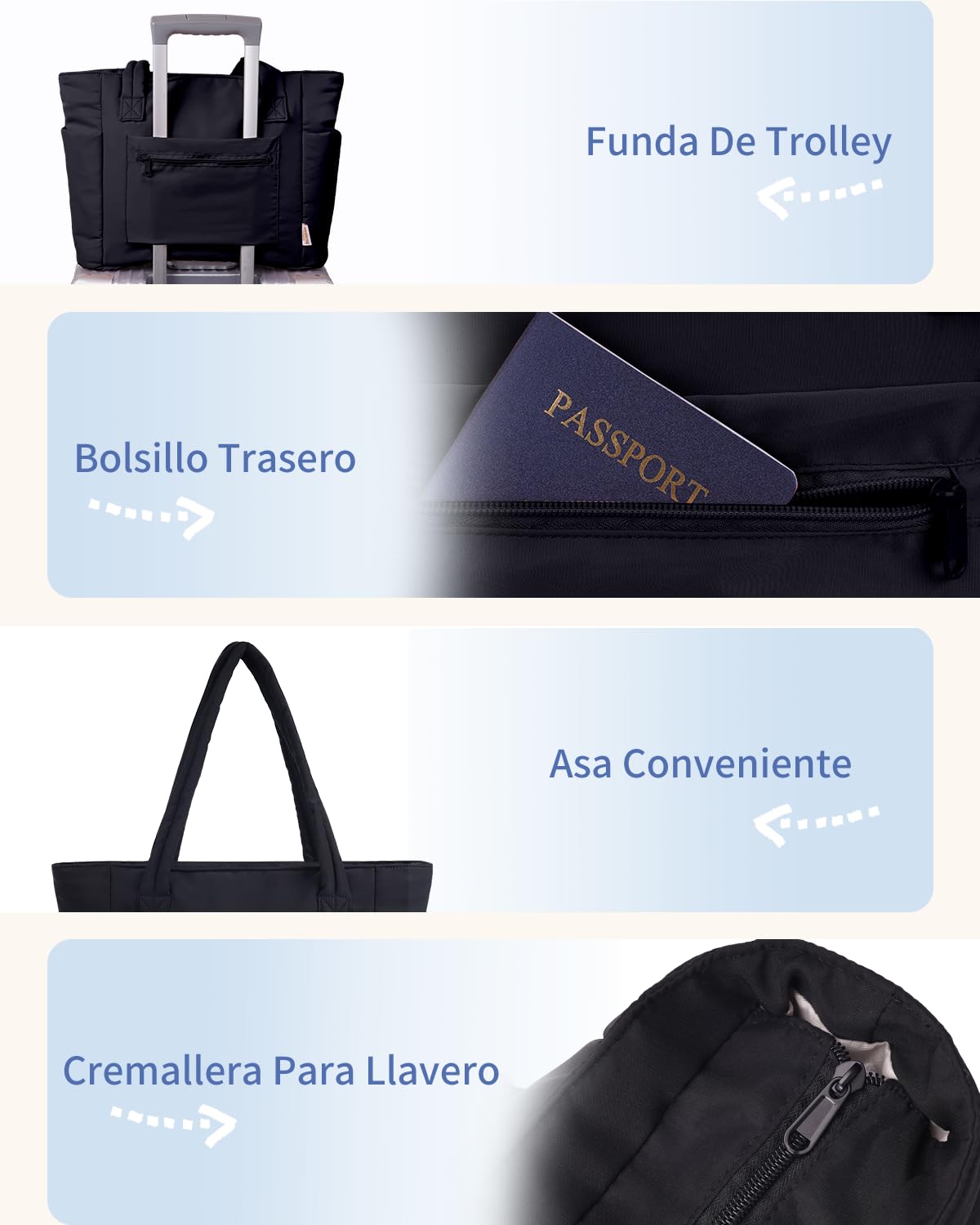 Wandering Nature Bolso Mujer Acolchado Grande, Bolso Shopper Mujer con Compartimento para Portátil 15.6" y Portabotellas 40oz para Negocios Escuela Viajes, (Patente en Trámite)