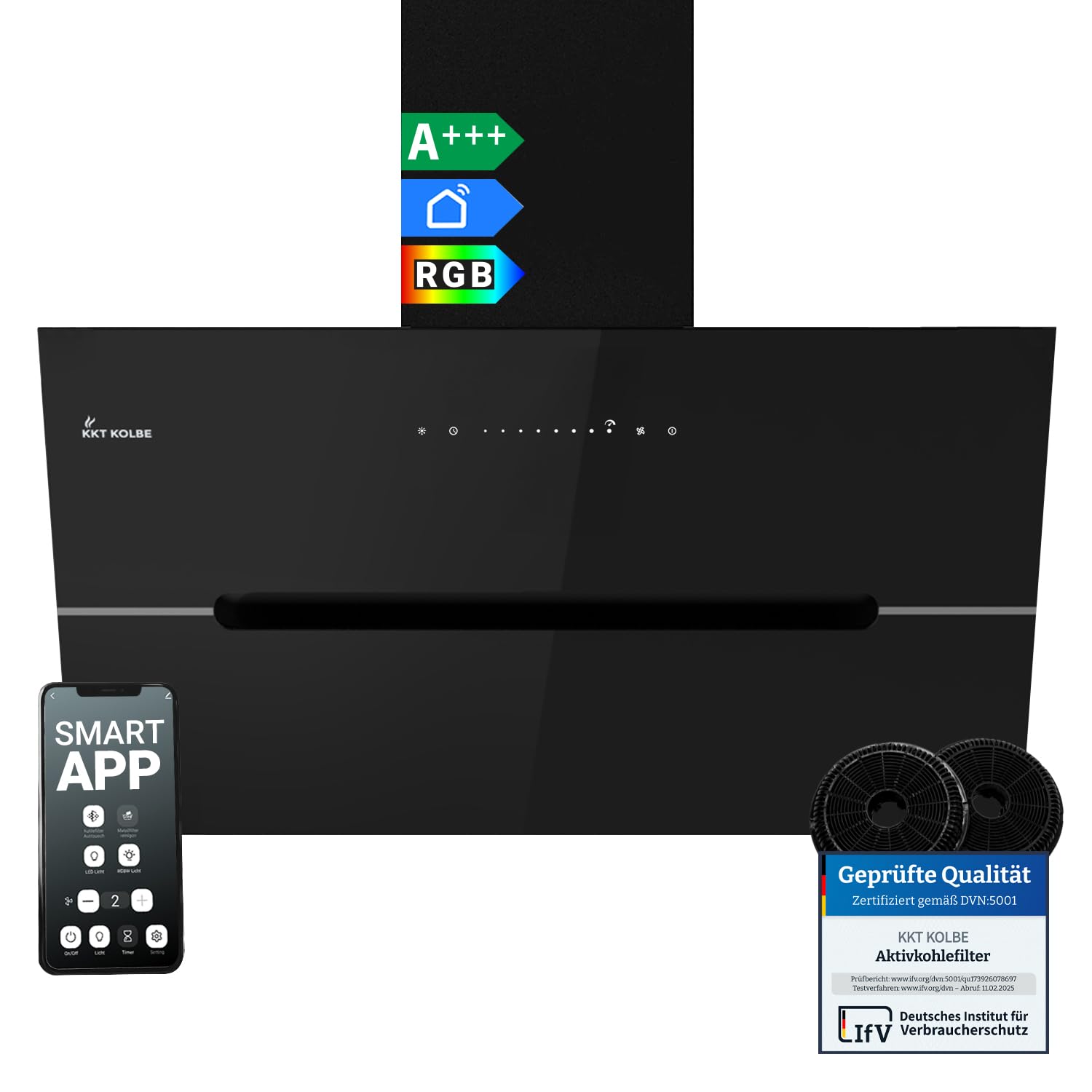 KKT KOLBE Cappa aspirante 90 cm acciaio inossidabile vetro nero WiFi LED RGBW ECCO9005SM