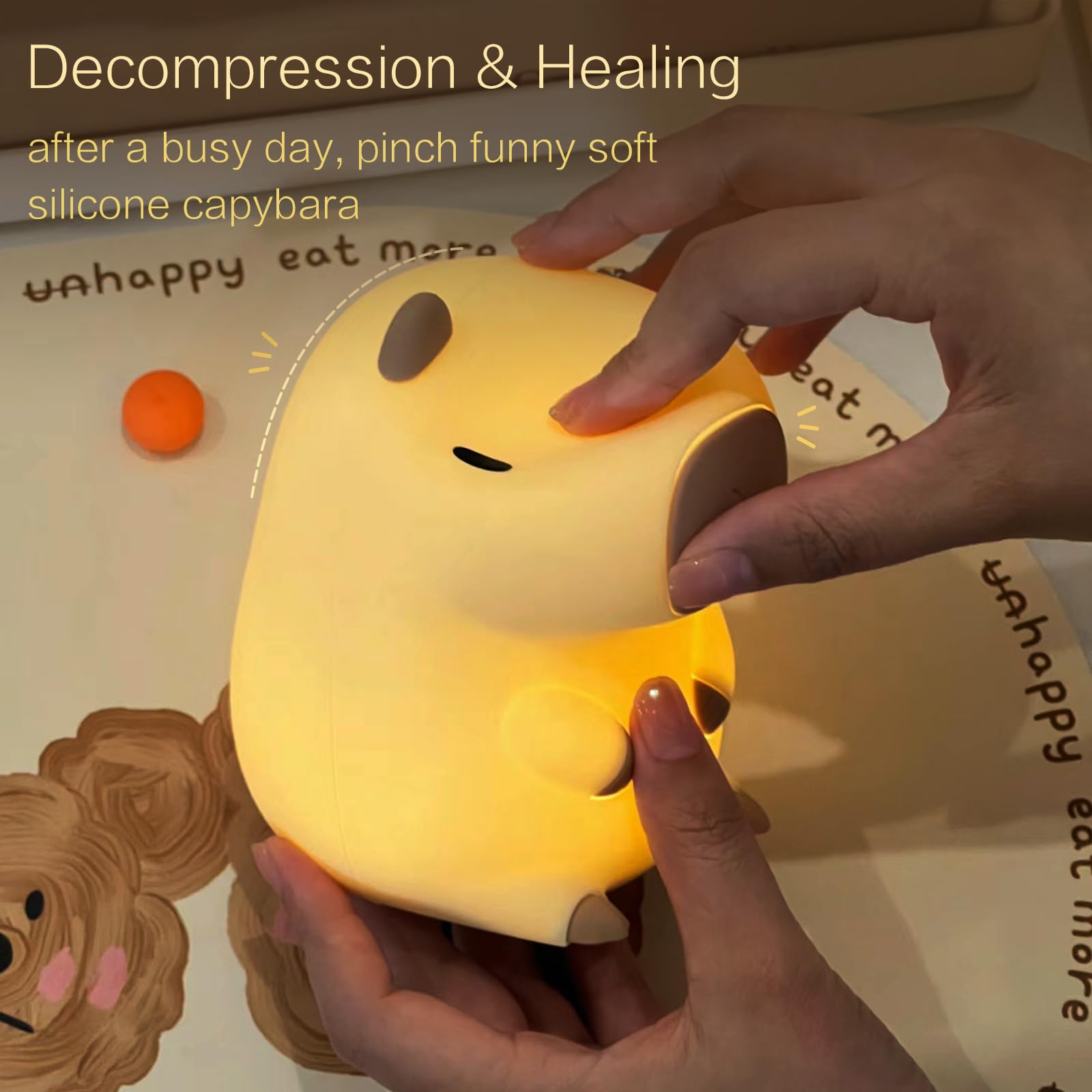 YR YRHH-PET Capybara Süßes Nachtlicht, Squishy Capybara Lampe Neuheit Geschenke Spielzeug, Wiederaufladbares dimmbares Silikon-LED-Nachtlicht für Kinder, lustiges beleuchtetes Capibara