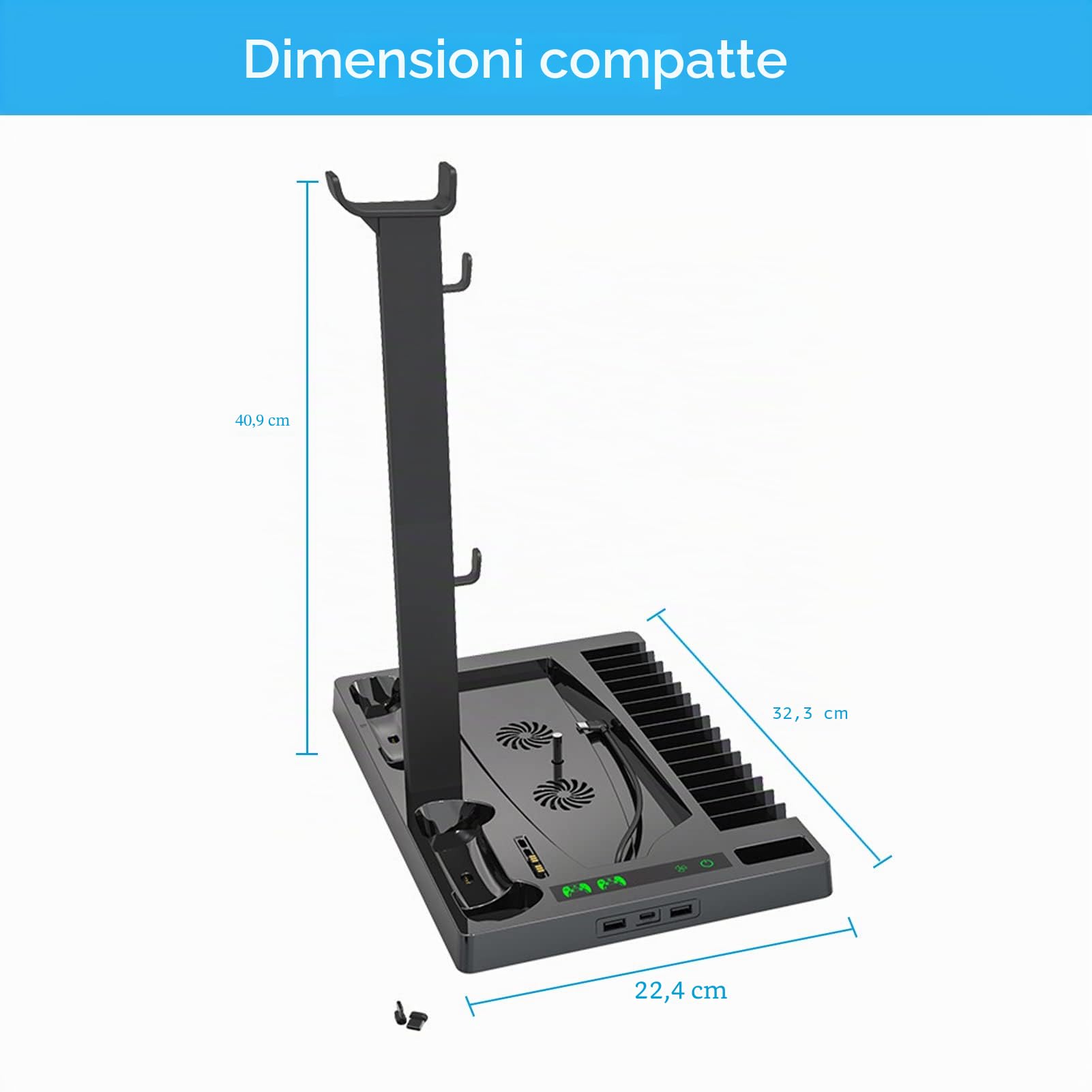 Goshyda Supporto per Ventola di Raffreddamento Verticale per Console PS5, Edizioni Digitali Caricatore Doppio Controller, 2 Ventole di Raffreddamento Silenzioso, Slot per Giochi