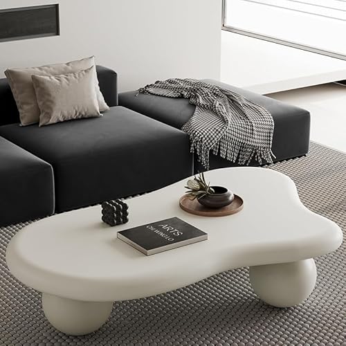 BSYEIO 47.2” Cloud Coffee Table with 3 Ball Legs, Modern Irregular Center Table for Living Room, Low Cute Small MDF Tea Table for Bedroom, Space Apartment Cream White