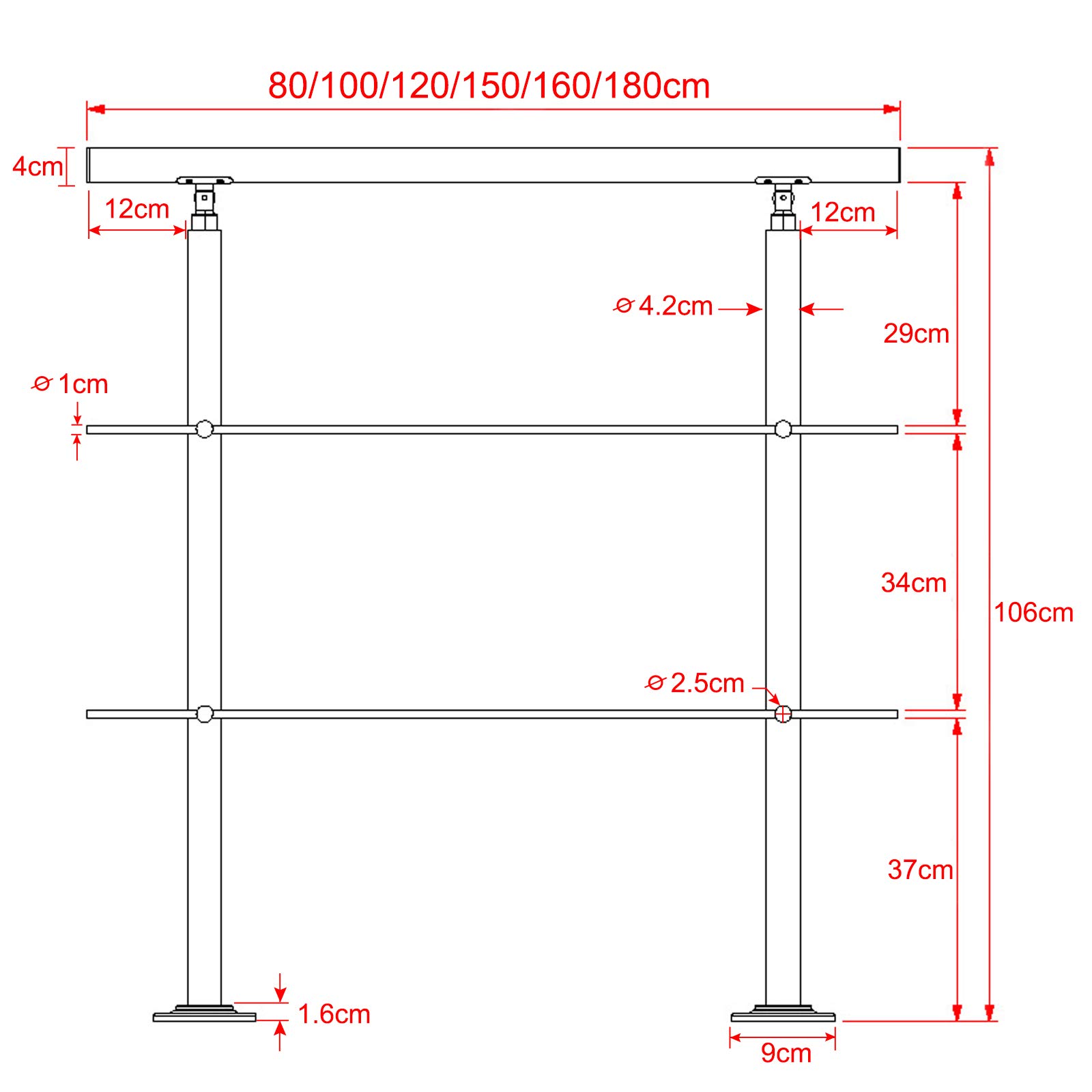 LZQ Corrimano in acciaio inox, ringhiera per scale, interni ed esterni, ringhiera in acciaio inox, ringhiera esterna per scale, parapetti, balcone, giardino (180 cm, con 2 barre trasversali)