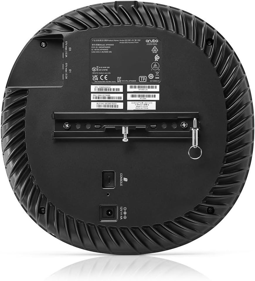 Wara view of the HP Aruba AP-655 Wireless Access Point, showing various ports, labels, and a mounting bracket.