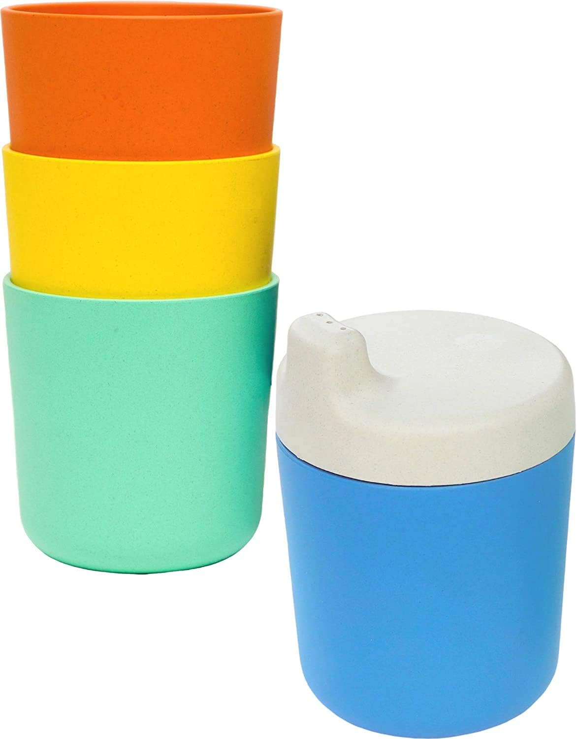 ECO MATTERS Bamboo Toddler Cups: Set of 4 Cups with【1 Spill Proof Sippy Cup Lid】Microwave Safe, Biodegradable, Reusable Drinking Cup Sets for Kids and Toddlers - BPA Free, Non-Toxic, Non Plastic