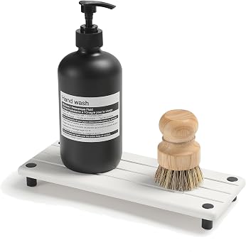 Razborci Instant Dry Sink Caddy Kitchen Sink Organizer, Quick Drying Diatomaceous Earth Stone Sink Tray Sponge Holder Soap Dish, Bathroom Countertop Vanity Dispenser Toothbrush Bottle, White, 10 x 4