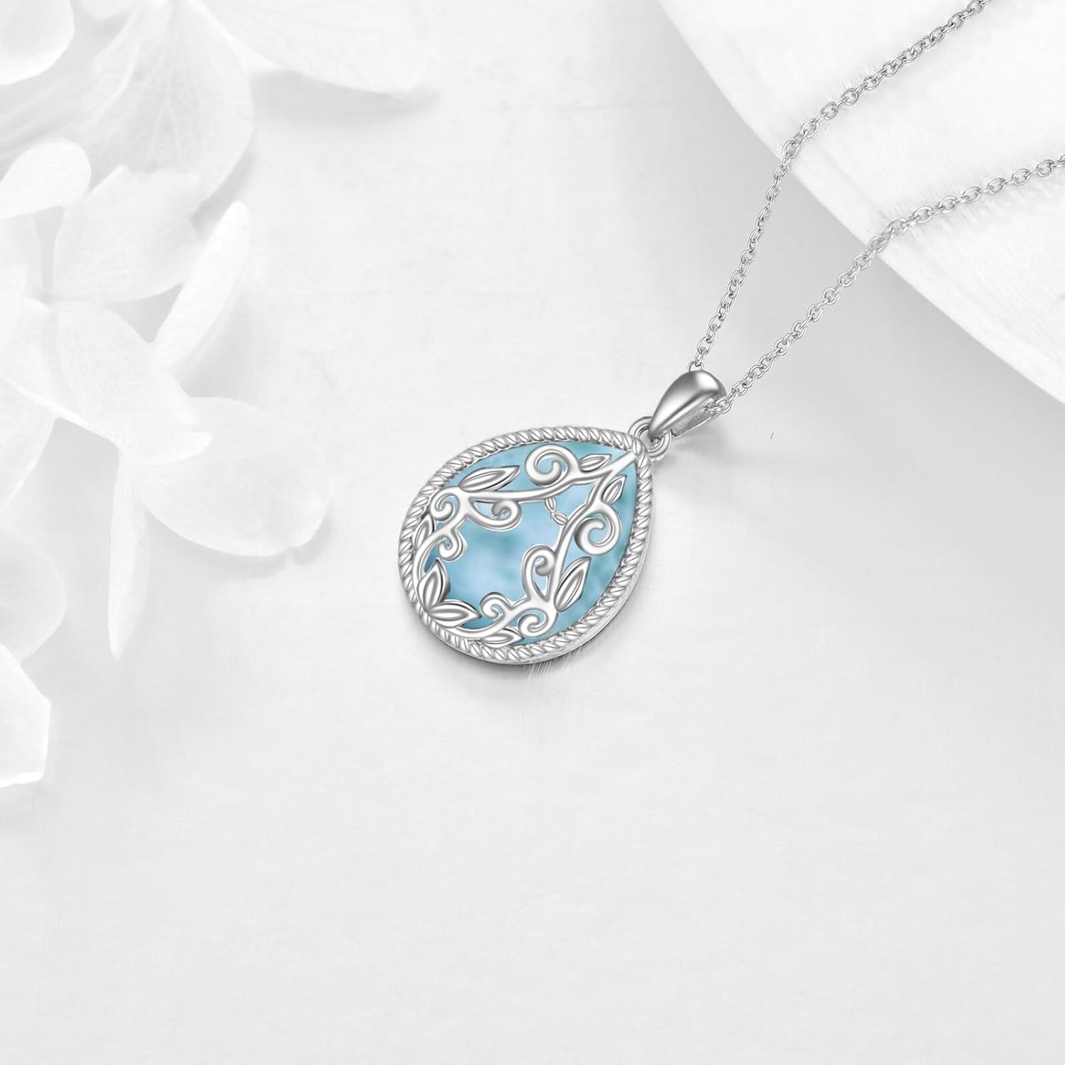 YAFEINI Filigree Teardrop Necklace 925 Sterling Silver Moonstone/Lapis Lazuli/Larimar/Pink Opal Pendant Necklace Jewelry Birthday Gifts for Women Grandmother - Image 6