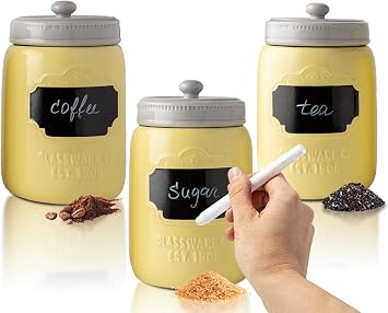Comfify Mason Jar Ceramic Canister Set for Kitchen - Set of 3 Decorative Storage Containers with Air-Tight Lids for Coffee, Sugar - Country Style Storage w/Reusable Writable Surface - 12.85oz/Canister